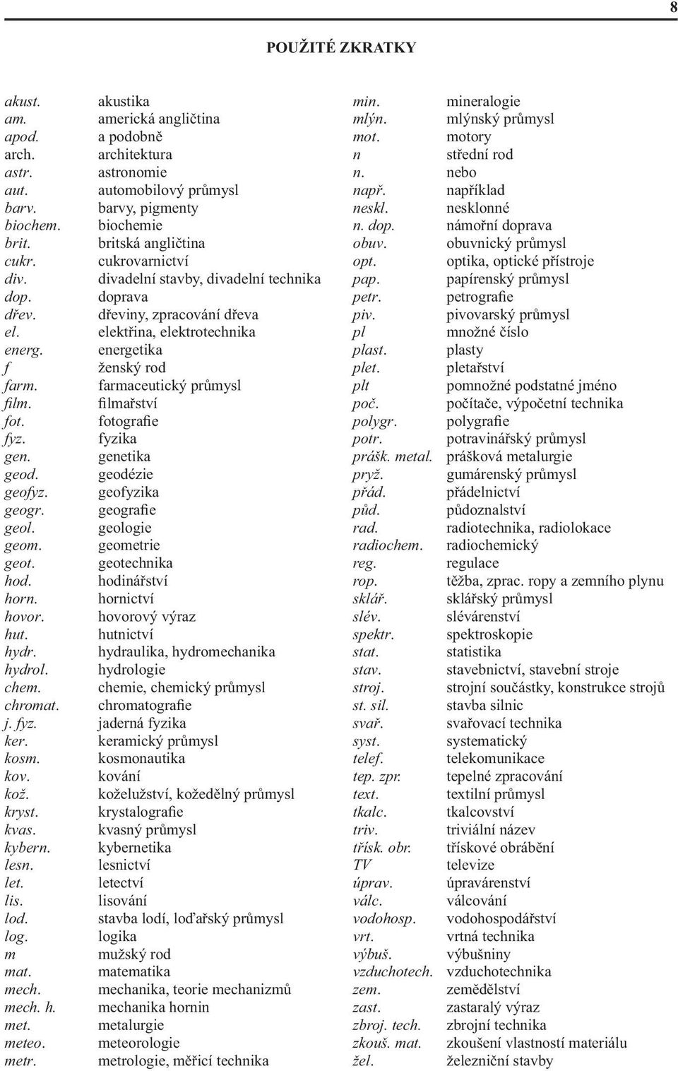 farmaceutický průmysl fi lm. filmařství fot. fotografie fyz. fyzika gen. genetika geod. geodézie geofyz. geofyzika geogr. geografie geol. geologie geom. geometrie geot. geotechnika hod.