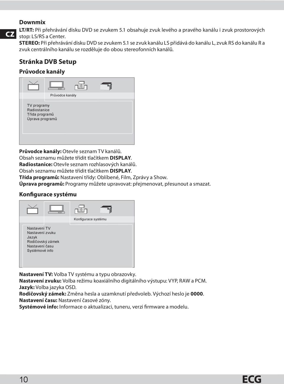 Stránka DVB Setup Průvodce kanály Průvodce kanály TV programy Radiostanice Třída programů Úprava programů Průvodce kanály: Otevře seznam TV kanálů. Obsah seznamu můžete třídit tlačítkem DISPLAY.