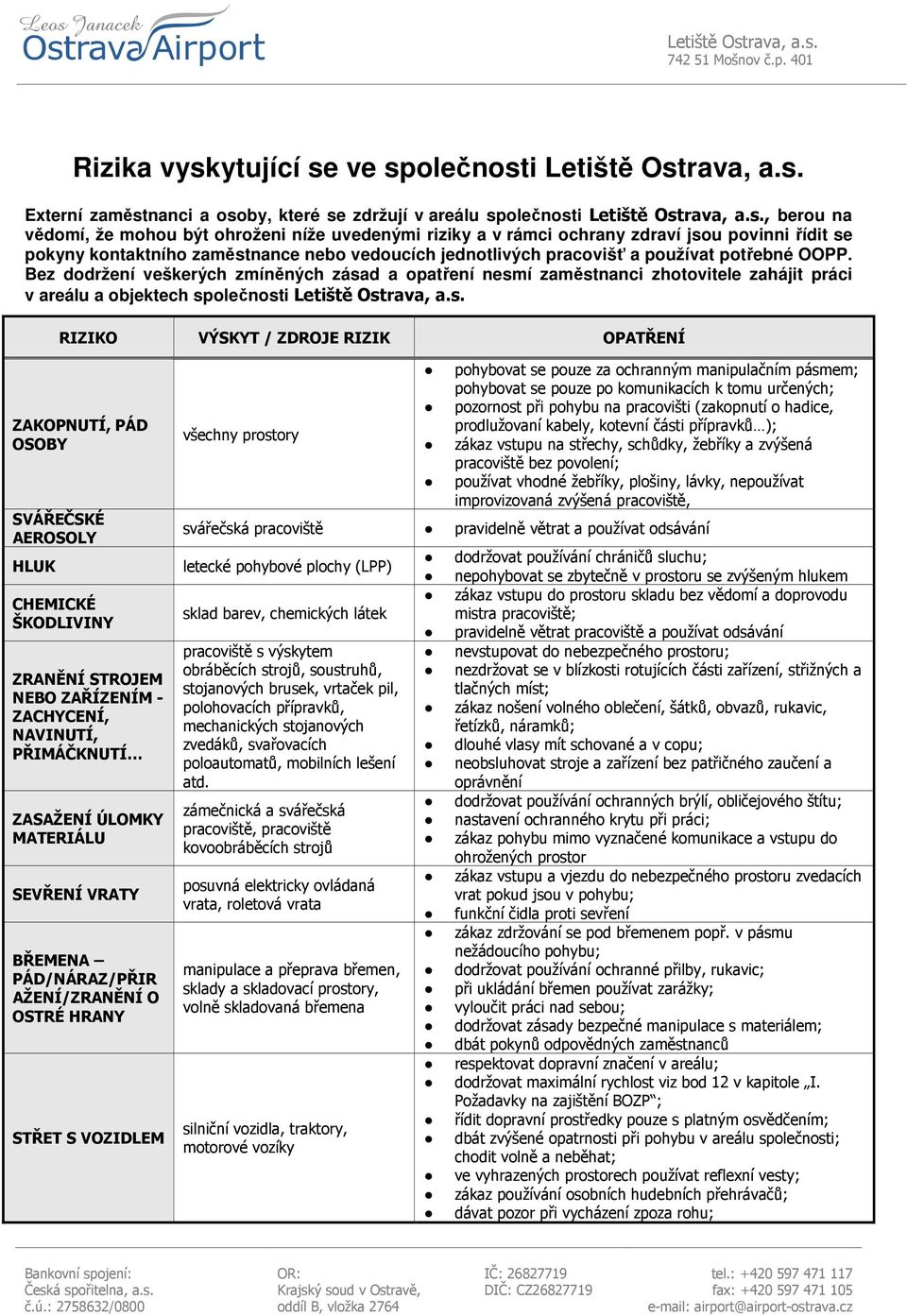 ve společnosti Letiště Ostrava, a.s. Externí zaměstnanci a osoby, které se zdržují v areálu společnosti Letiště Ostrava, a.s., berou na vědomí, že mohou být ohroženi níže uvedenými riziky a v rámci