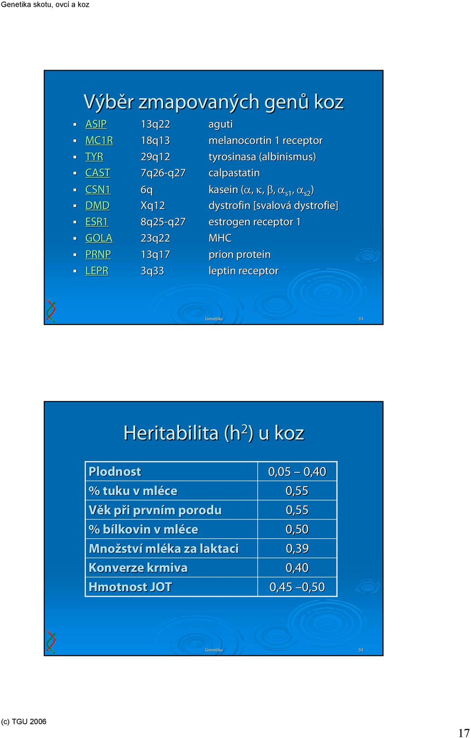 23q22 MHC 13q17 prion protein 3q33 leptin receptor Genetika 33 Heritabilita (h 2 ) u koz Plodnost % tuku v mléce Věk k při p i prvním m