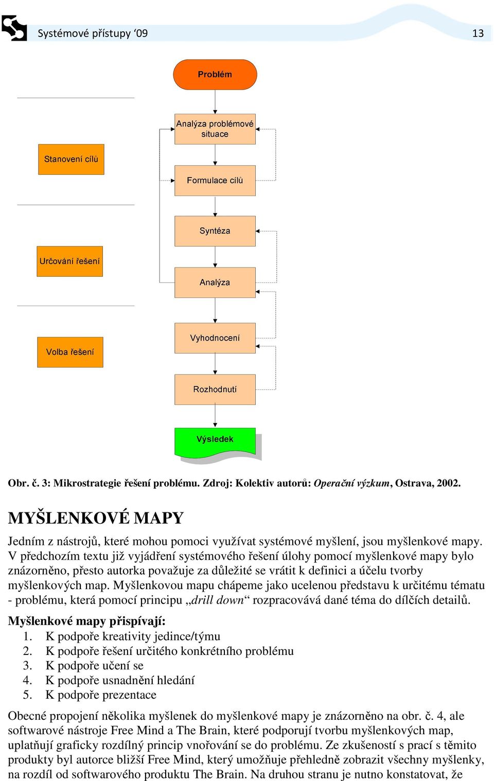 V předchozím textu již vyjádření systémového řešení úlohy pomocí myšlenkové mapy bylo znázorněno, přesto autorka považuje za důležité se vrátit k definici a účelu tvorby myšlenkových map.