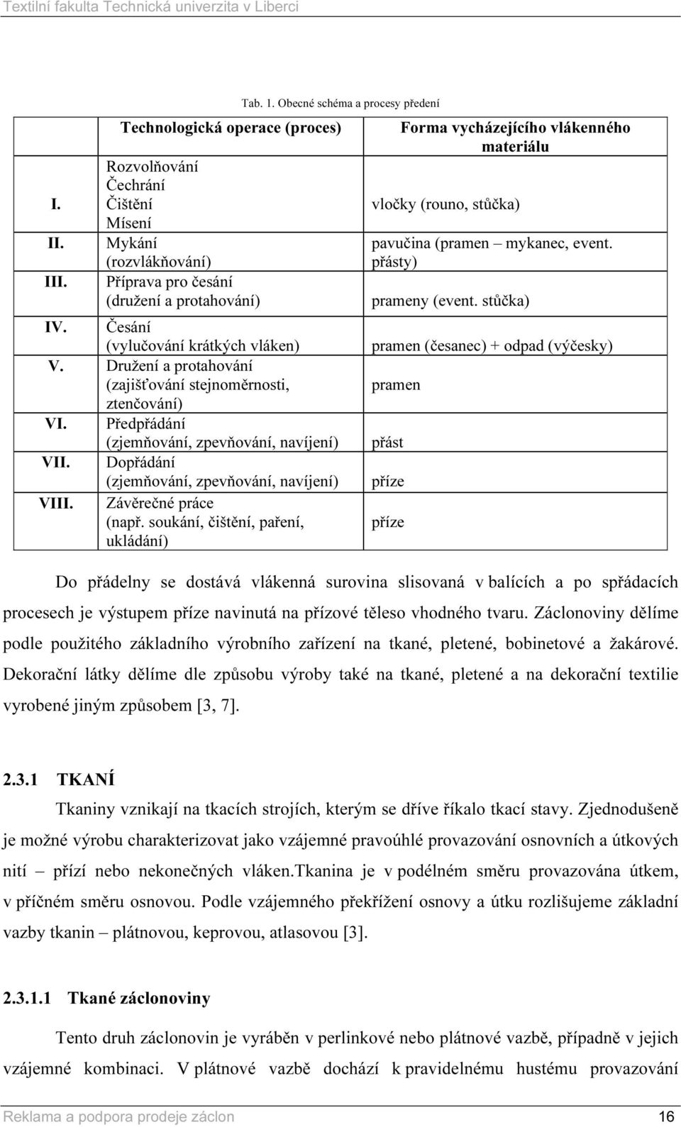 Dopřádání (zjemňování, zpevňování, navíjení) VIII. Závěrečné práce (např.