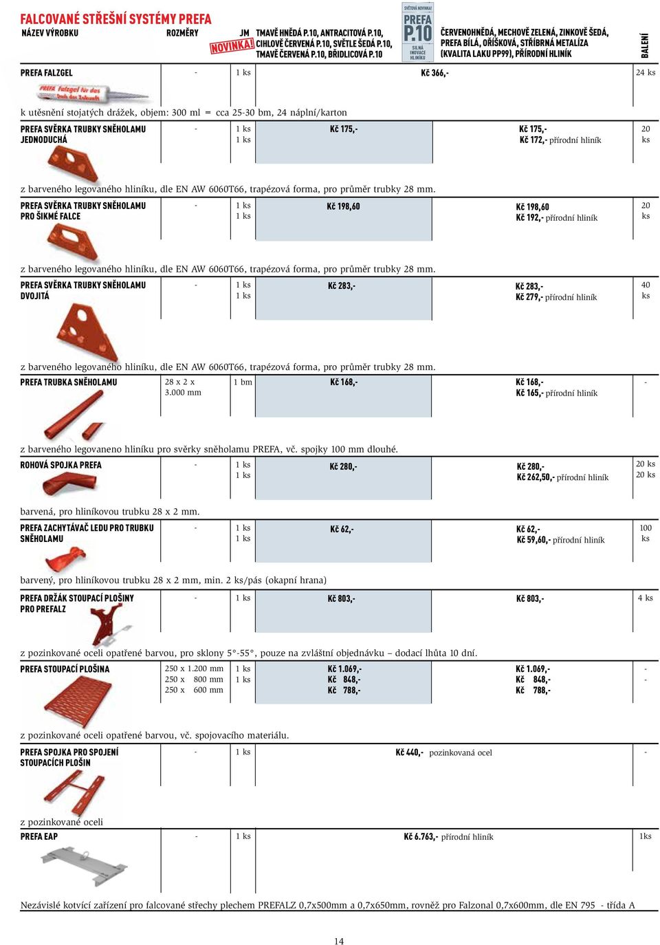 = cca 30 bm, 24 náplní/karton PREFA svěrka trubky sněholamu jednoduchá Kč 175, Kč 175, Kč 172, přírodní hliník 20 ks z barveného legovaného hliníku, dle EN AW 6060T66, trapézová forma, pro průměr