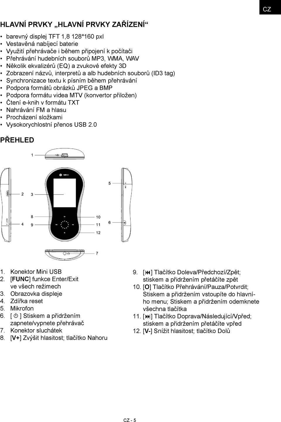 videa MTV (konvertor přiložen) Čtení e-knih v formátu TXT Nahrávání FM a hlasu Procházení složkami Vysokorychlostní přenos USB 20 přehled 1 3 4 5 6 7 8 Konektor Mini USB [FUNC] funkce Enter/Exit ve