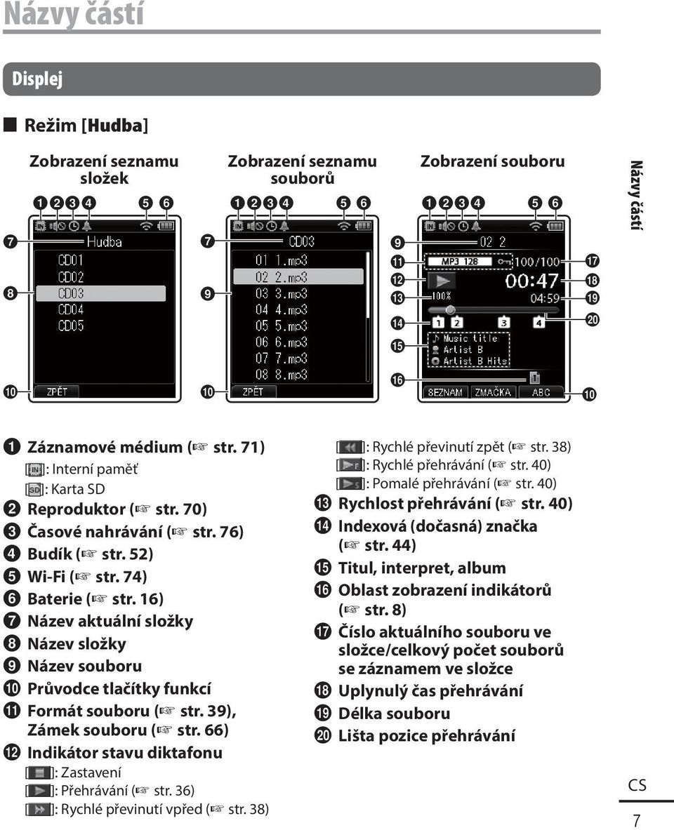 52) 5 Wi-Fi ( str. 74) 6 Baterie ( str. 16) 7 Název aktuální složky 8 Název složky 9 Název souboru 0 Průvodce tlačítky funkcí! Formát souboru ( str. 39), Zámek souboru ( str.