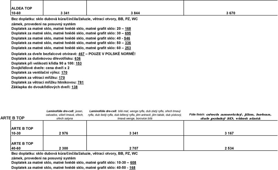 mřížku: 170 Doplatek za větrací mřížku hliníkovou: 781 Záklapka do dvoukřídlových dveří: 138 ARTE B TOP Laminofólie dre-cell: jasan, calvados, višeň tmavá, ořech, ořech satyna Laminofólie dre-cell: