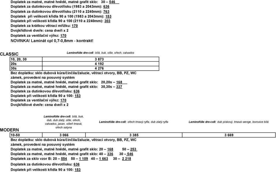 Laminofólie dre-cell : bílá, buk, olše, ořech, calvados CLASSIC 10, 20, 30 3 873 20s 4 192 30s 4 276 Doplatek za matné, matné hnědé, matné grafit sklo: 20,20s 168 Doplatek za matné, matné hnědé,
