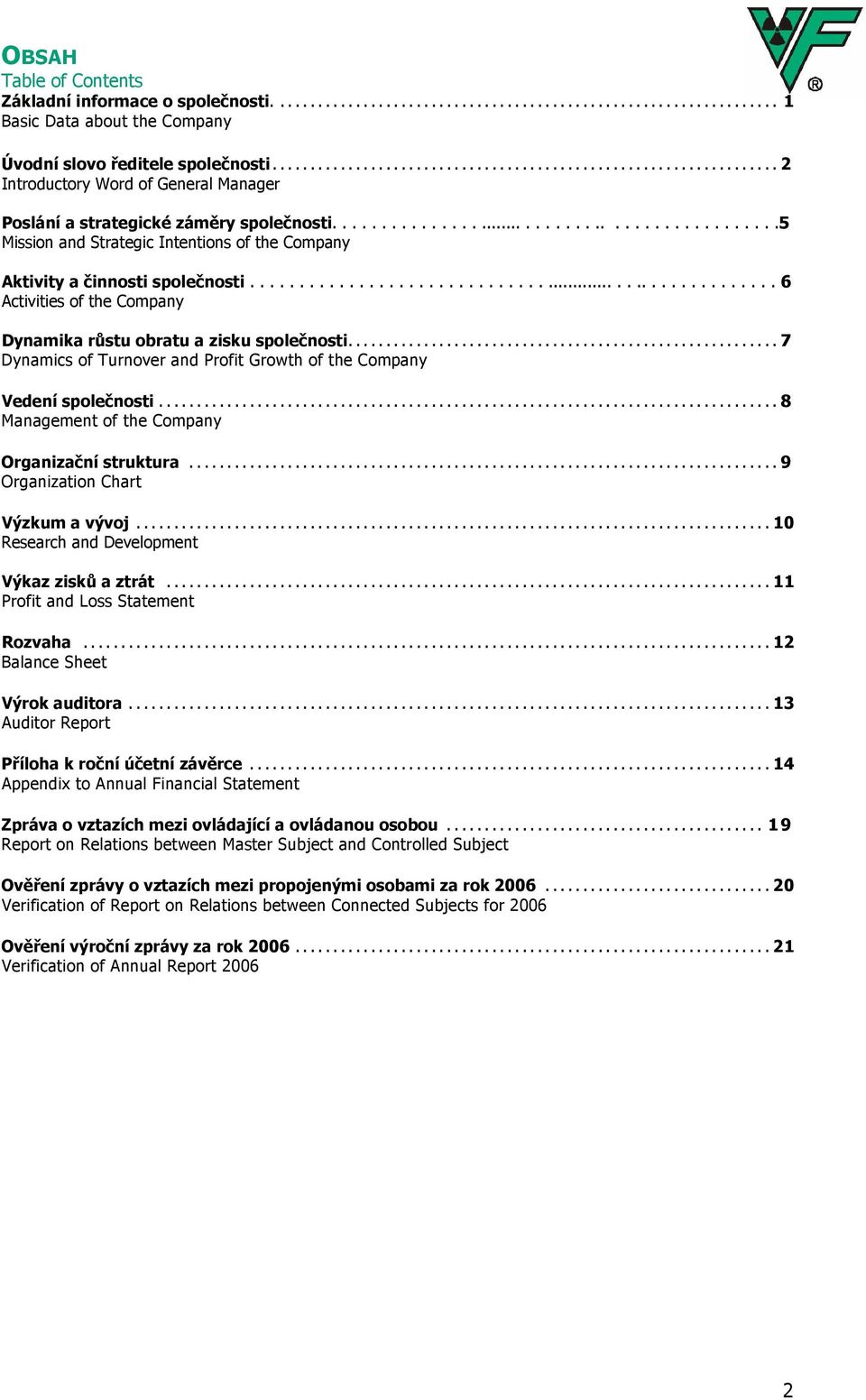 ...........................................5 Mission and Strategic Intentions of the Company Aktivity a činnosti společnosti.................................................. 6 Activities of the Company Dynamika růstu obratu a zisku společnosti.