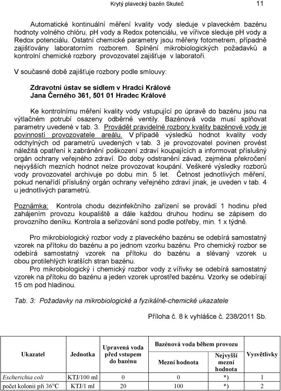 V současné době zajišťuje rozbory podle smlouvy: Zdravotní ústav se sídlem v Hradci Králové Jana Černého 361, 501 01 Hradec Králové Ke kontrolnímu měření kvality vody vstupující po úpravě do bazénu