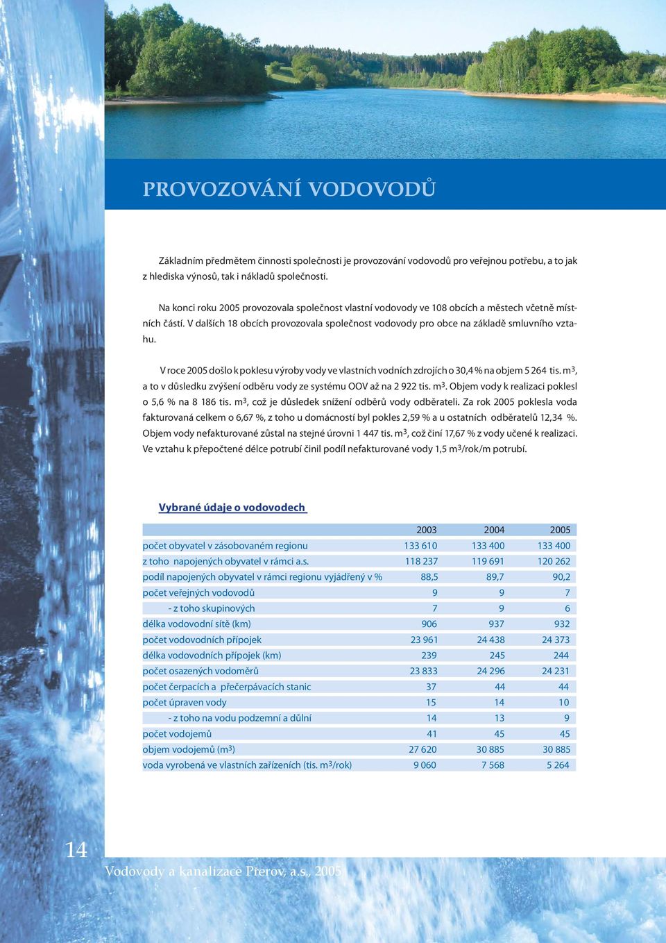 V roce 2005 došlo k poklesu výroby vody ve vlastních vodních zdrojích o 30,4 % na objem 5 264 tis. m 3, a to v důsledku zvýšení odběru vody ze systému OOV až na 2 922 tis. m 3. Objem vody k realizaci poklesl o 5,6 % na 8 186 tis.