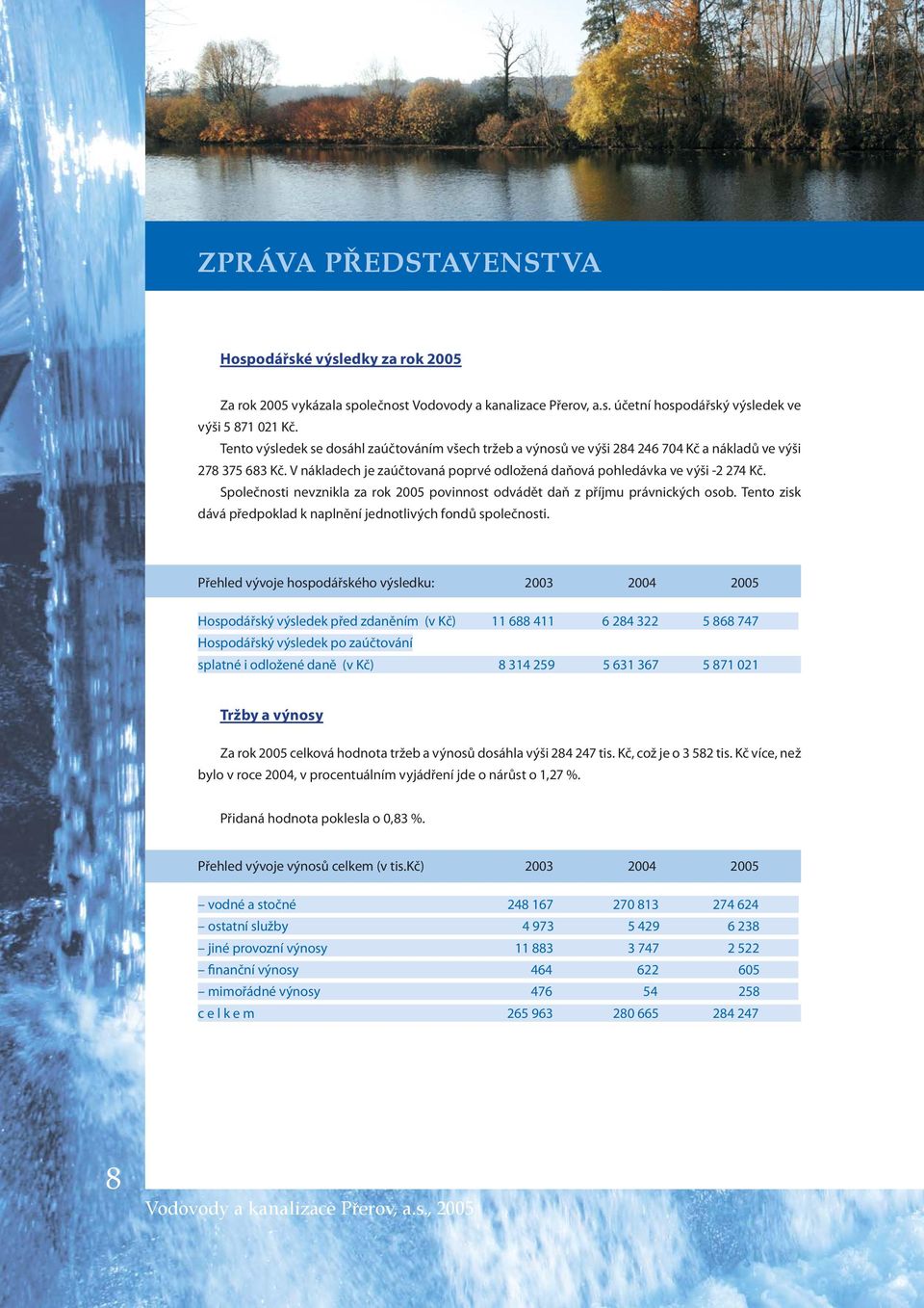 Společnosti nevznikla za rok 2005 povinnost odvádět daň z příjmu právnických osob. Tento zisk dává předpoklad k naplnění jednotlivých fondů společnosti.