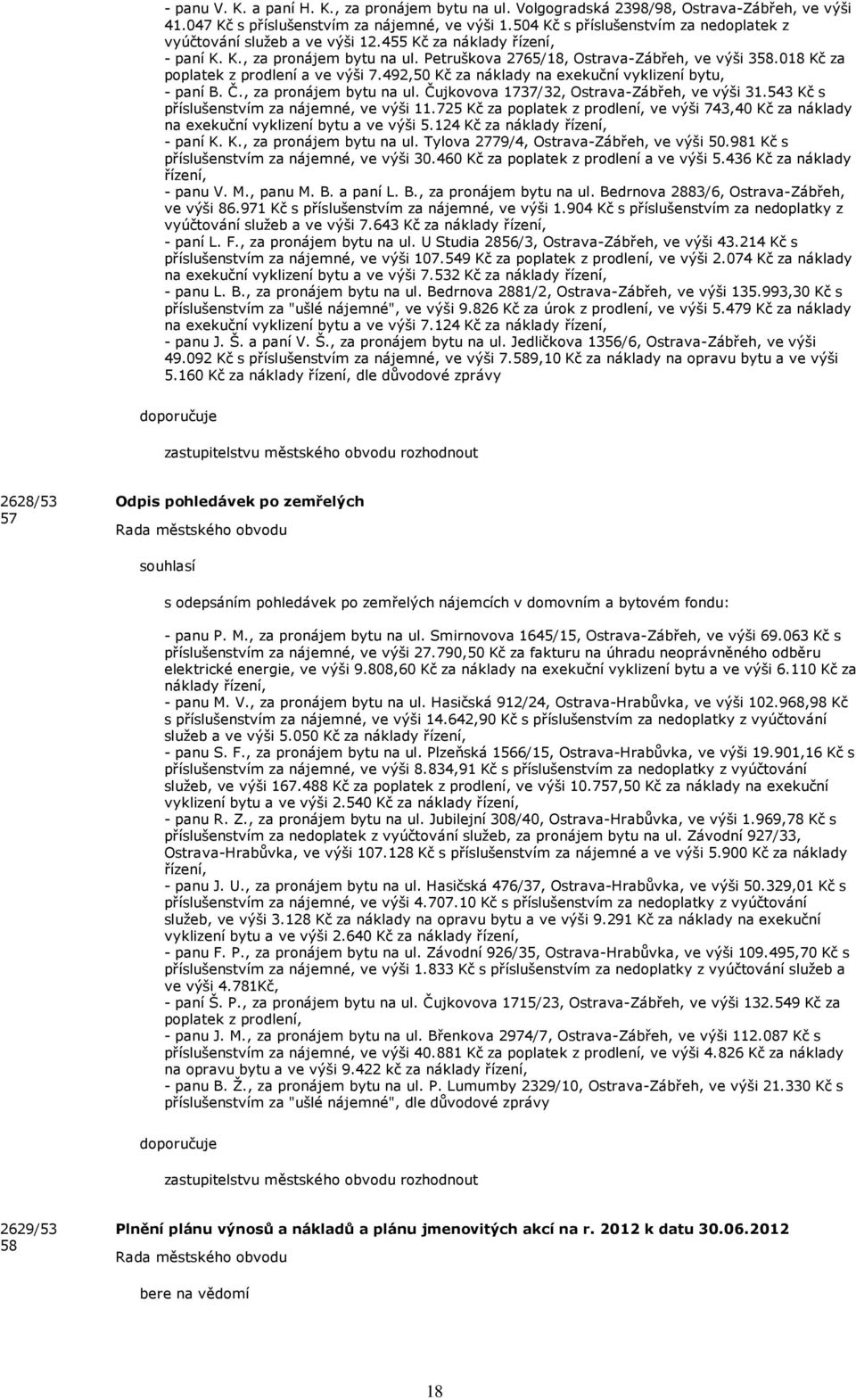 018 Kč za poplatek z prodlení a ve výši 7.492,50 Kč za náklady na exekuční vyklizení bytu, - paní B. Č., za pronájem bytu na ul. Čujkovova 1737/32, Ostrava-Zábřeh, ve výši 31.