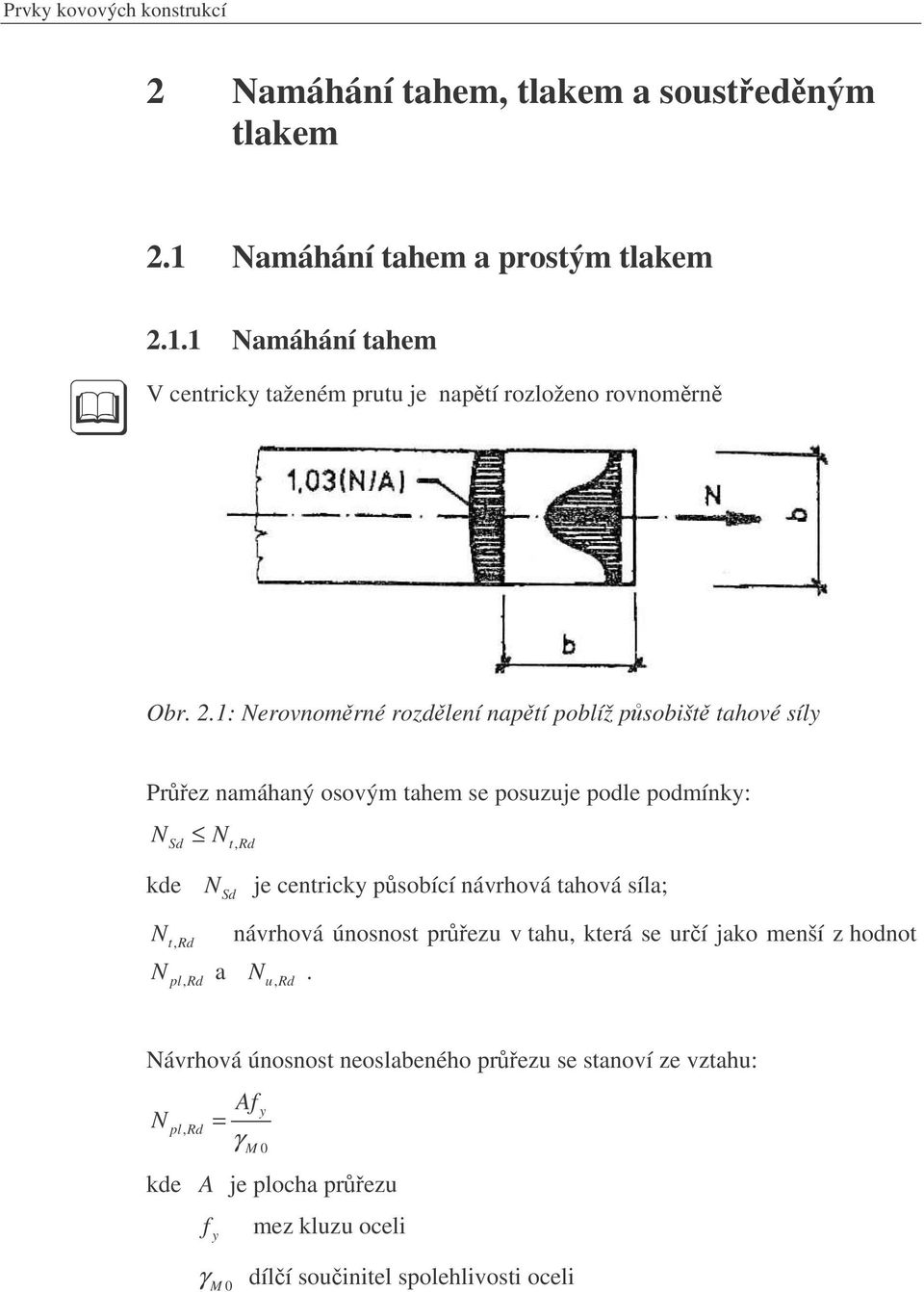 .: erovnomrné rodlení naptí poblíž psobišt tahové síl Pre namáhaný osovým tahem se posuuje podle podmínk: Sd kde t, Rd Sd je centrick psobící