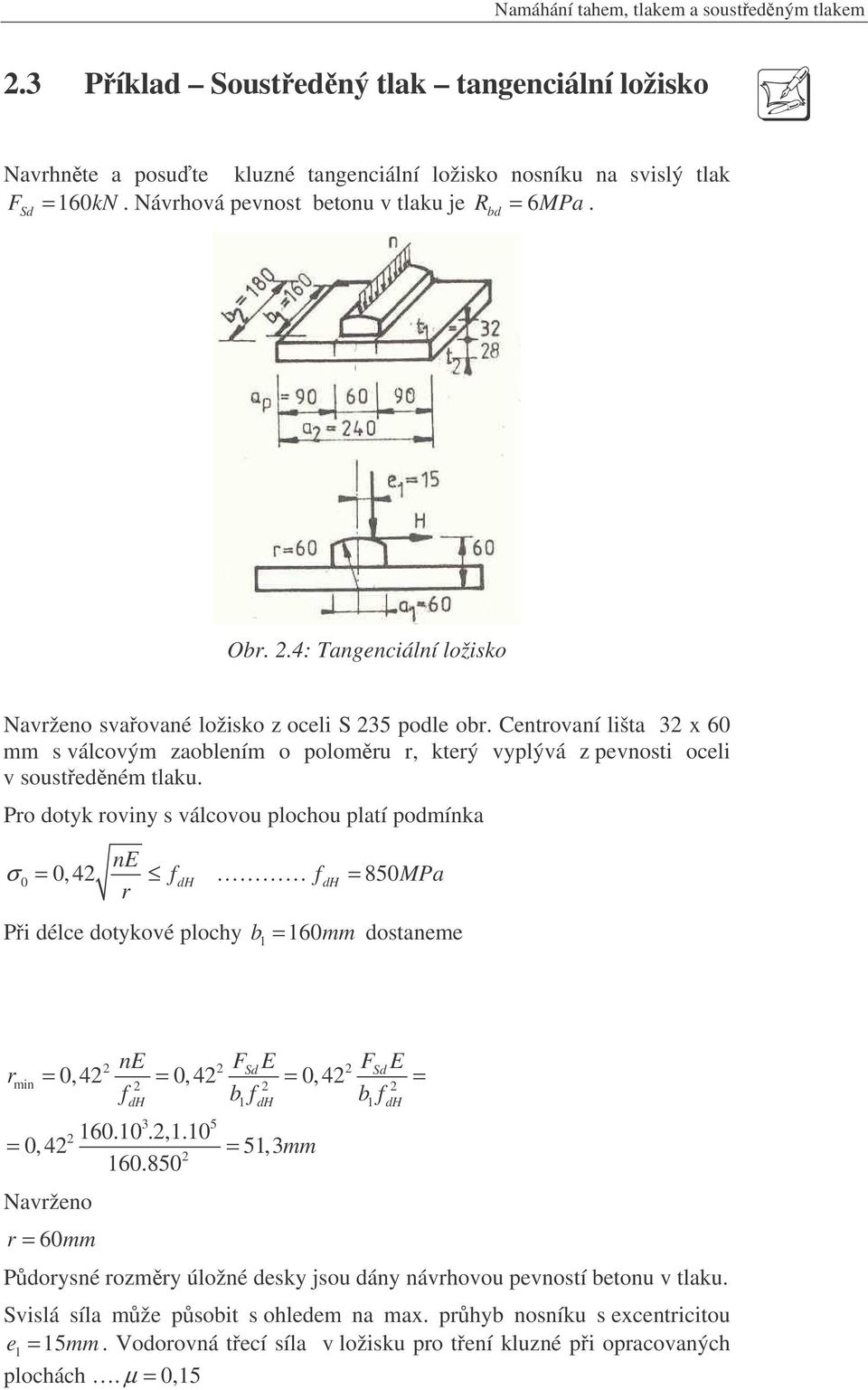 Centrovaní lišta x 60 mm s válcovým aoblením o polomru r, který vplývá pevnosti oceli v soustedném tlaku.