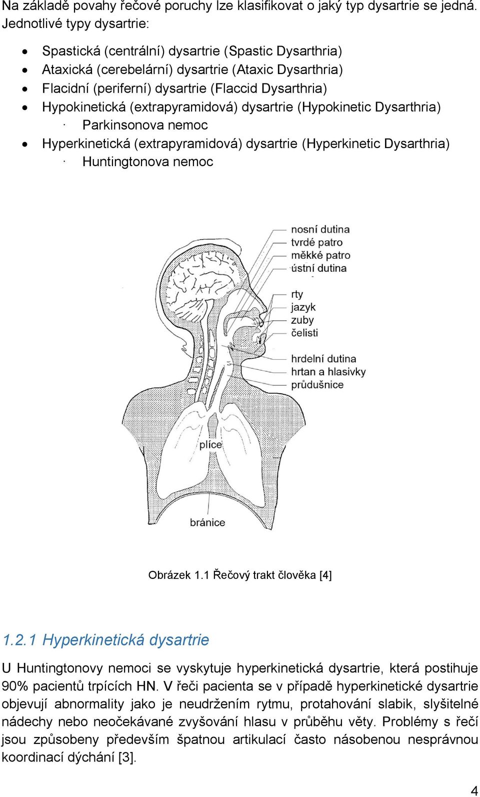 (extrapyramidová) dysartrie (Hypokinetic Dysarthria) Parkinsonova nemoc Hyperkinetická (extrapyramidová) dysartrie (Hyperkinetic Dysarthria) Huntingtonova nemoc Obrázek 1.1 Řečový trakt člověka [4] 1.