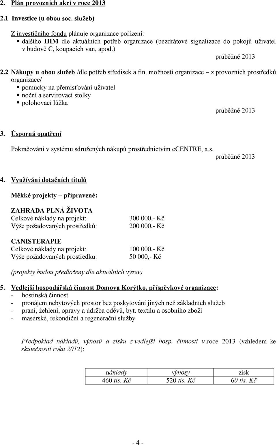 2 Nákupy u obou služeb /dle potřeb středisek a fin. možností organizace z provozních prostředků organizace/ pomůcky na přemísťování uživatel noční a servírovací stolky polohovací lůžka 3.