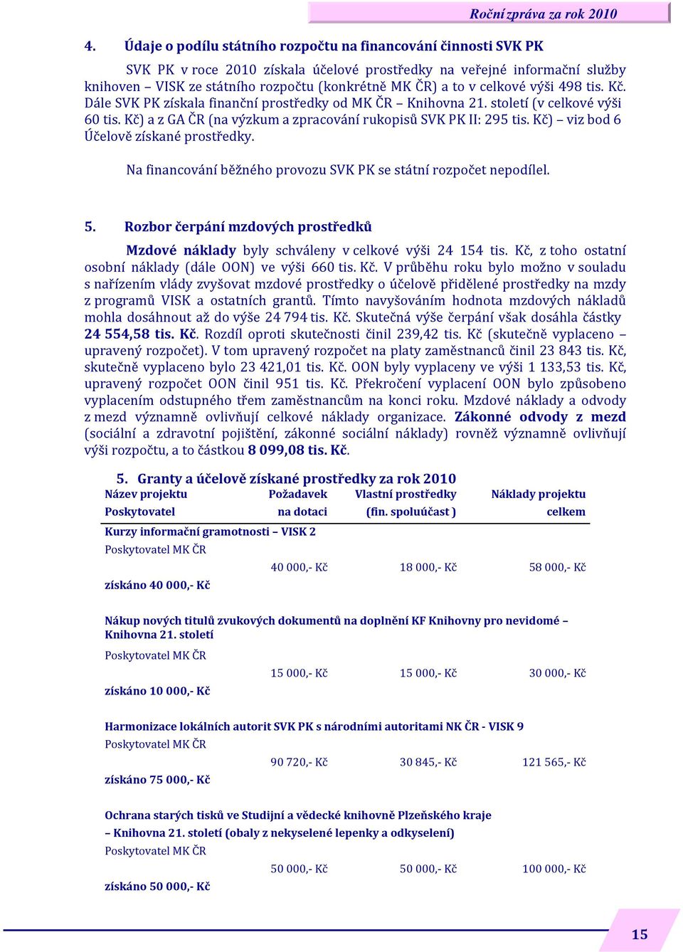 Kč) a z GA ČR (na výzkum a zpracování rukopisů SVK PK II: 295 tis. Kč) viz bod 6 Účelově získané prostředky. Na financování běžného provozu SVK PK se státní rozpočet nepodílel. 5.