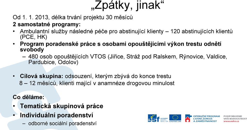 klientů (PCE, HK) Program poradenské práce s osobami opouštějícími výkon trestu odnětí svobody 480 osob opouštějících VTOS (Jiřice, Stráž