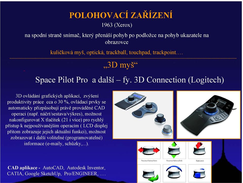 3D Connection (Logitech) 3D ovládání grafických aplikací, zvýšení produktivity práce cca o 30 %, ovládací prvky se automaticky přizpůsobují právě prováděné CAD operaci (např.