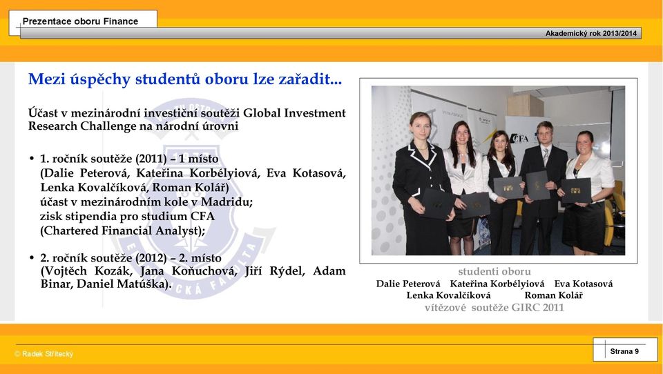 Madridu; zisk stipendia pro studium CFA (Chartered Financial Analyst); 2. ročník soutěže (2012) 2.