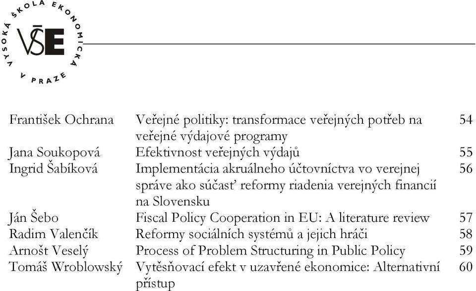 Slovensku Ján Šebo Fiscal Policy Cooperation in EU: A literature review 57 Radim Valenčík Reformy sociálních systémů a jejich hráči 58