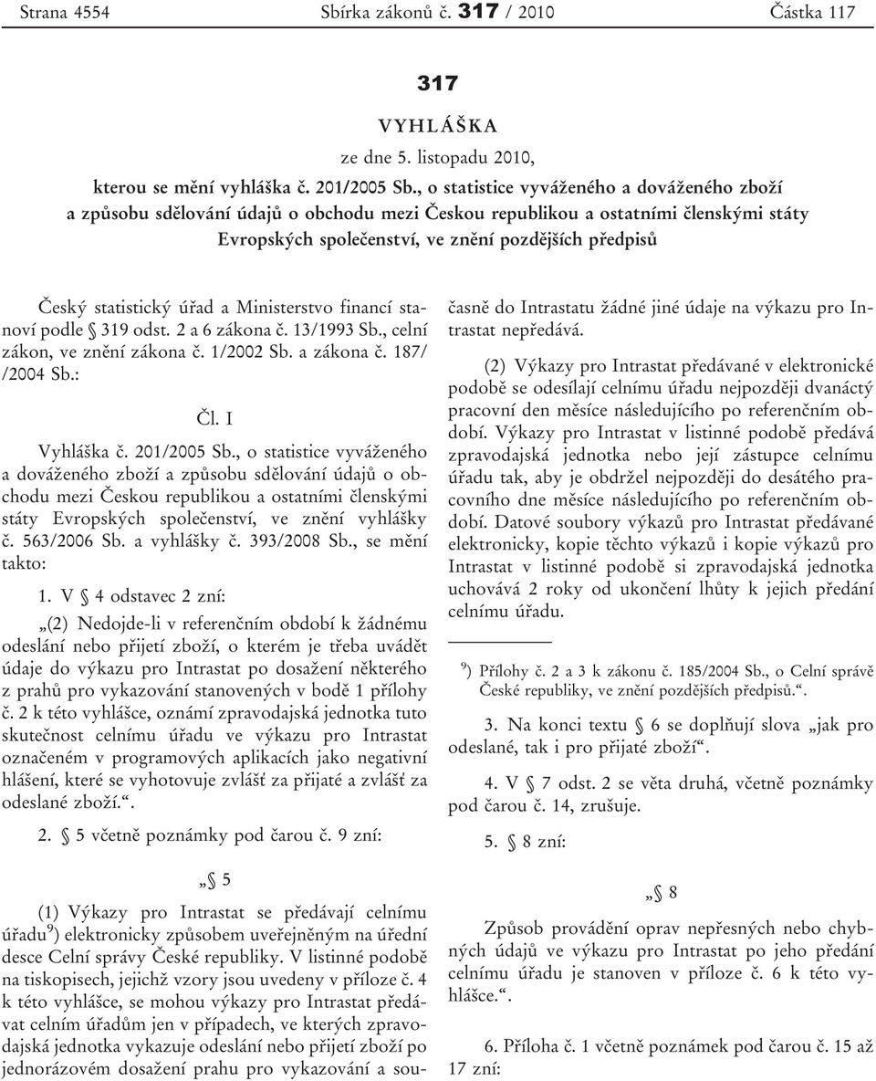 statistický úřad a Ministerstvo financí stanoví podle 319 odst. 2 a 6 zákona č. 13/1993 Sb., celní zákon, ve znění zákona č. 1/2002 Sb. a zákona č. 187/ /2004 Sb.: Čl. I Vyhláška č. 201/2005 Sb.