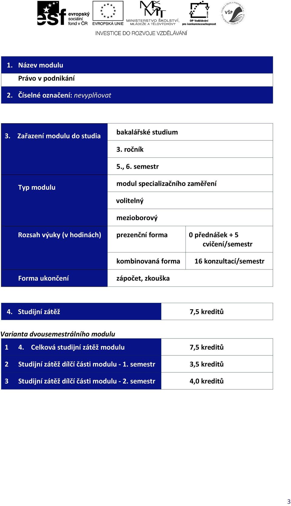 kombinovaná forma 16 konzultací/semestr Forma ukončení zápočet, zkouška 4. Studijní zátěž 7,5 kreditů Varianta dvousemestrálního modulu 1 4.