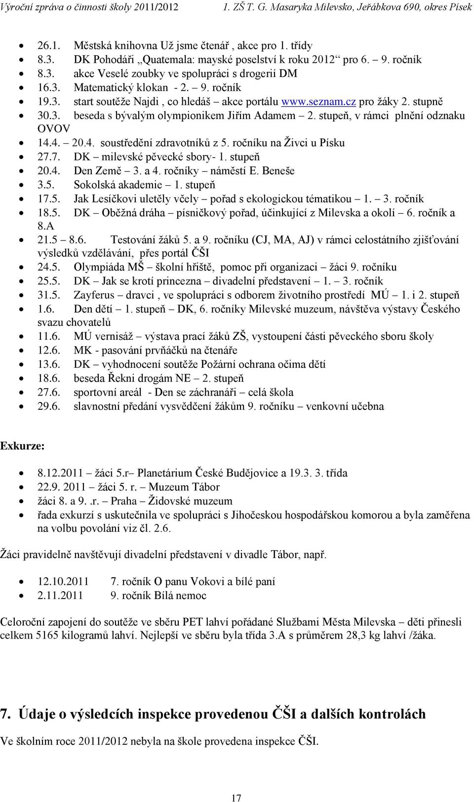 4. 20.4. soustředění zdravotníků z 5. ročníku na Živci u Písku 27.7. DK milevské pěvecké sbory- 1. stupeň 20.4. Den Země 3. a 4. ročníky náměstí E. Beneše 3.5. Sokolská akademie 1. stupeň 17.5. Jak Lesíčkovi uletěly včely pořad s ekologickou tématikou 1.