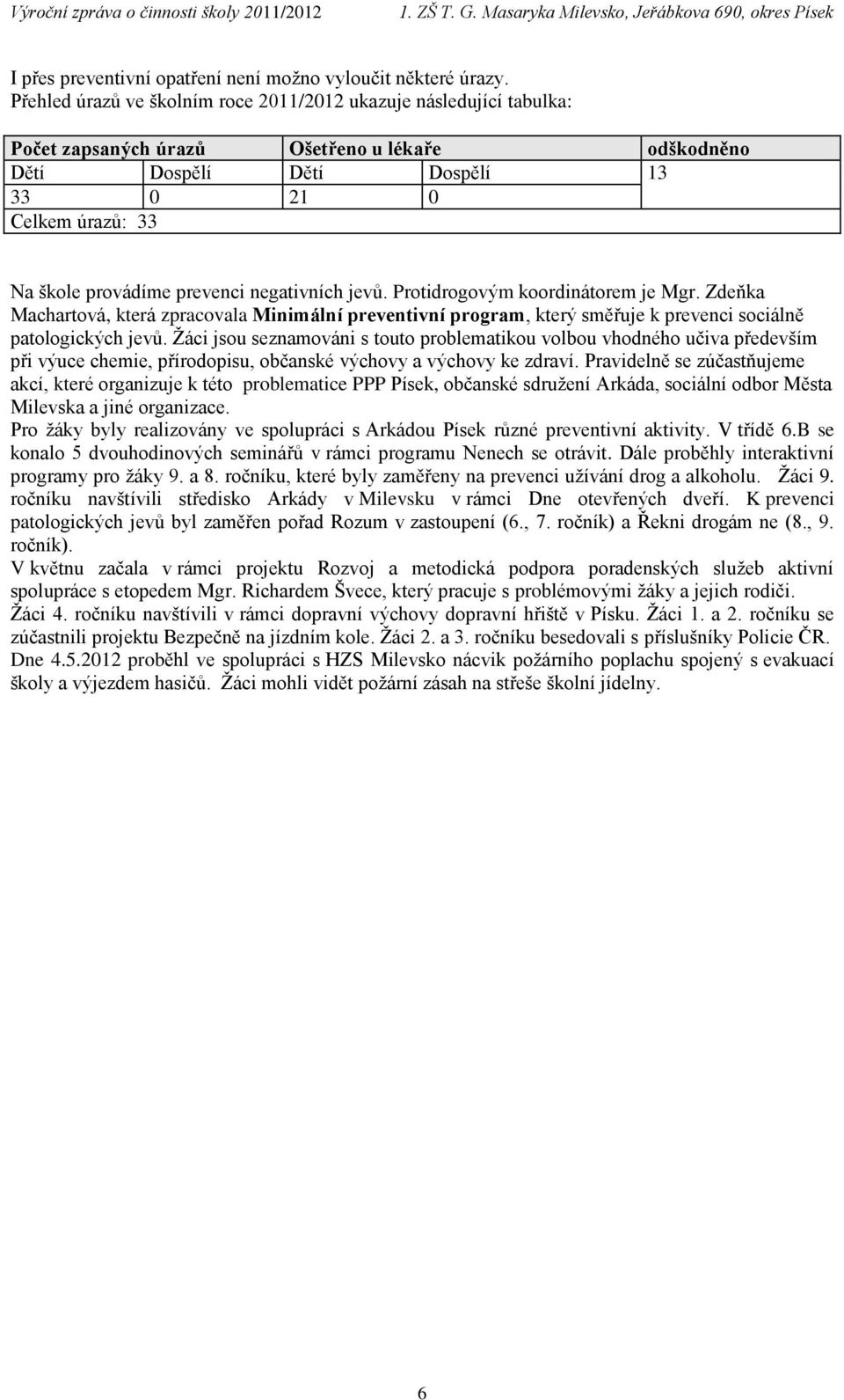 prevenci negativních jevů. Protidrogovým koordinátorem je Mgr. Zdeňka Machartová, která zpracovala Minimální preventivní program, který směřuje k prevenci sociálně patologických jevů.