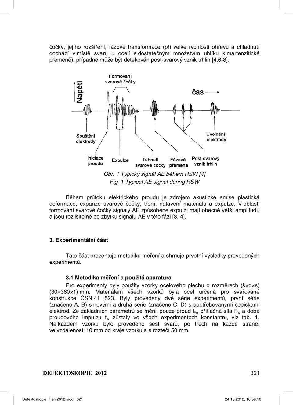 1 Typical AE signal during RSW Během průtoku elektrického proudu je zdrojem akustické emise plastická deformace, expanze svarové čočky, tření, natavení materiálu a expulze.