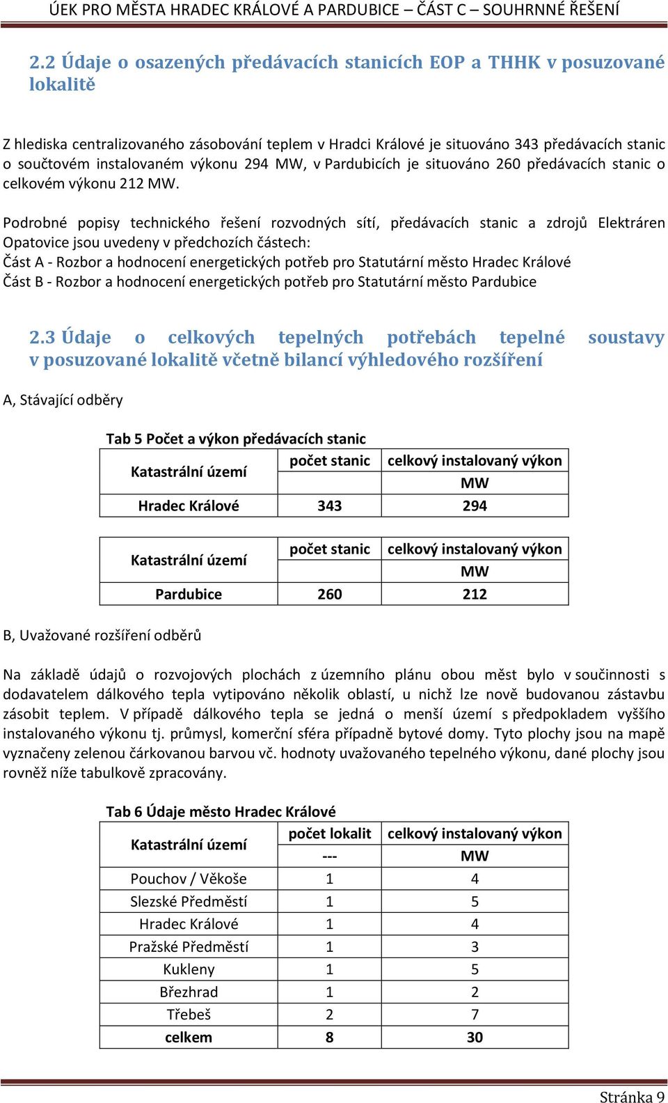 Podrobné popisy technického řešení rozvodných sítí, předávacích stanic a zdrojů Elektráren Opatovice jsou uvedeny v předchozích částech: Část A - Rozbor a hodnocení energetických potřeb pro