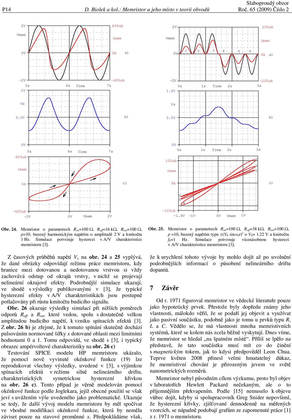 Simulace potvrzuje hysterezi v A/V charakteristice memristoru [3]. Z časových průběhů napětí V na obr.