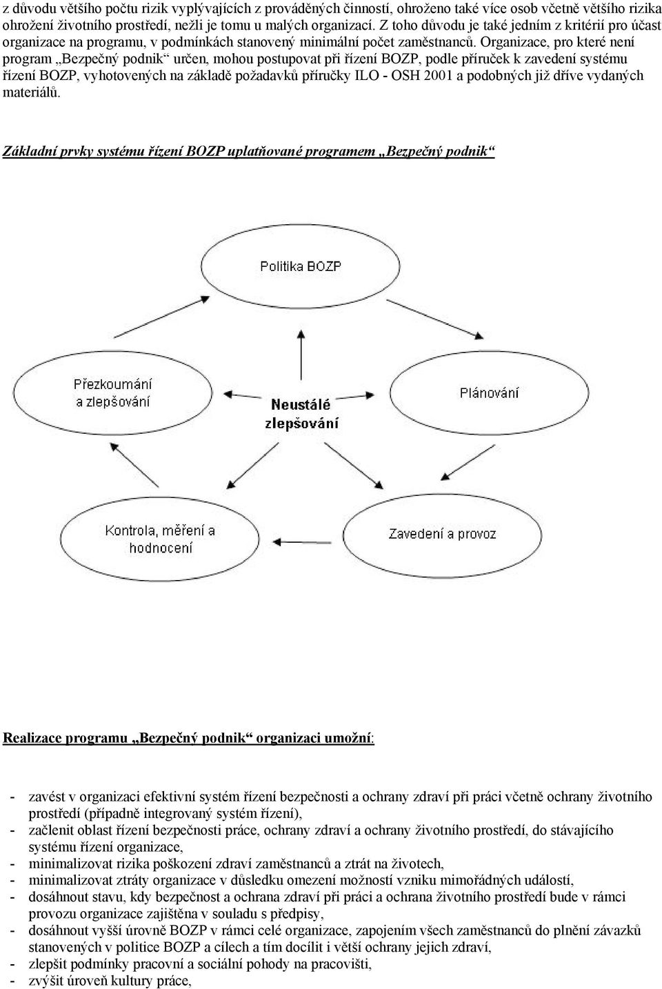 Organizace, pro které není program Bezpečný podnik určen, mohou postupovat při řízení BOZP, podle příruček k zavedení systému řízení BOZP, vyhotovených na základě požadavků příručky ILO - OSH 2001 a