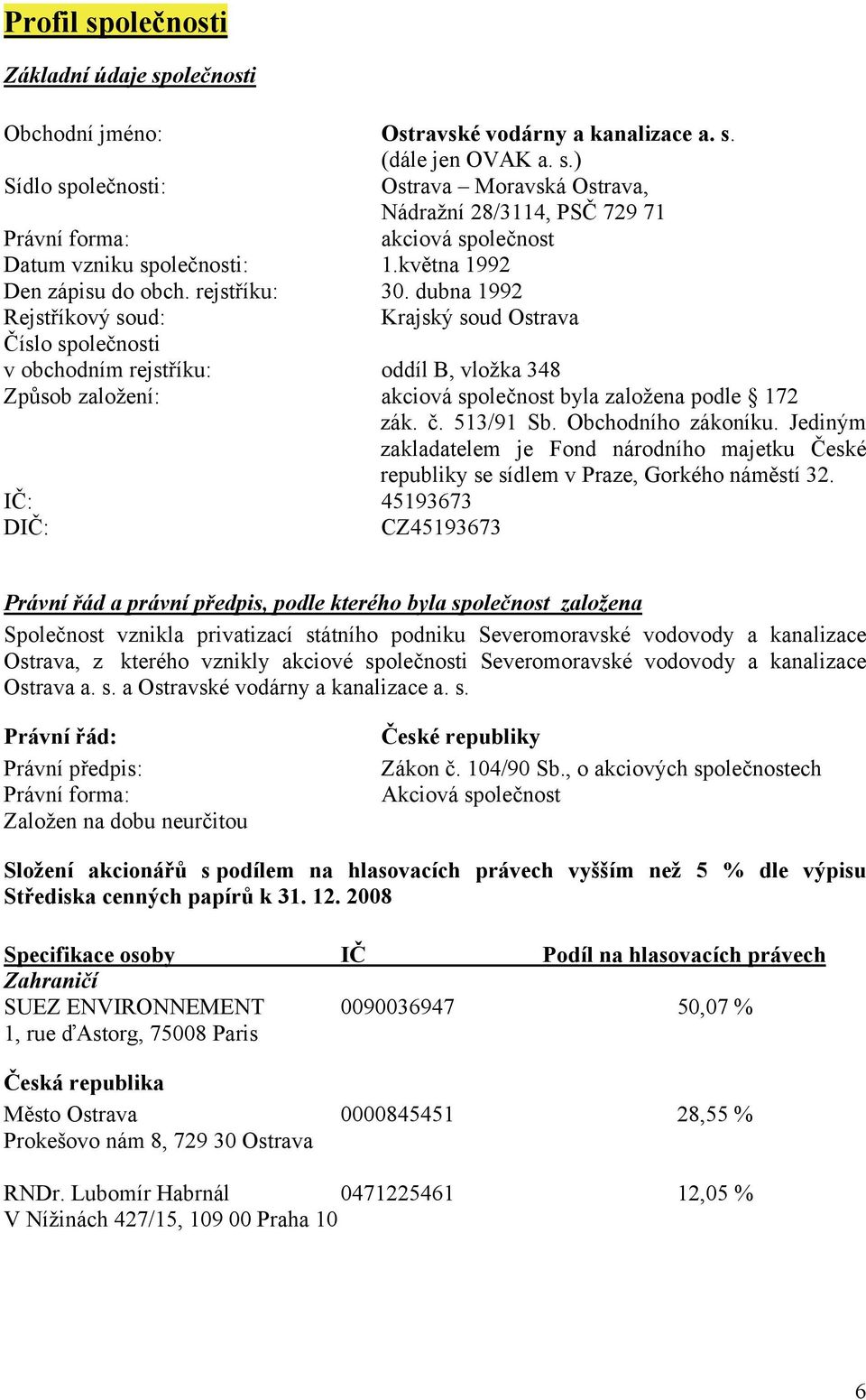 dubna 1992 Rejstříkový soud: Krajský soud Ostrava Číslo společnosti v obchodním rejstříku: oddíl B, vložka 348 Způsob založení: akciová společnost byla založena podle 172 zák. č. 513/91 Sb.