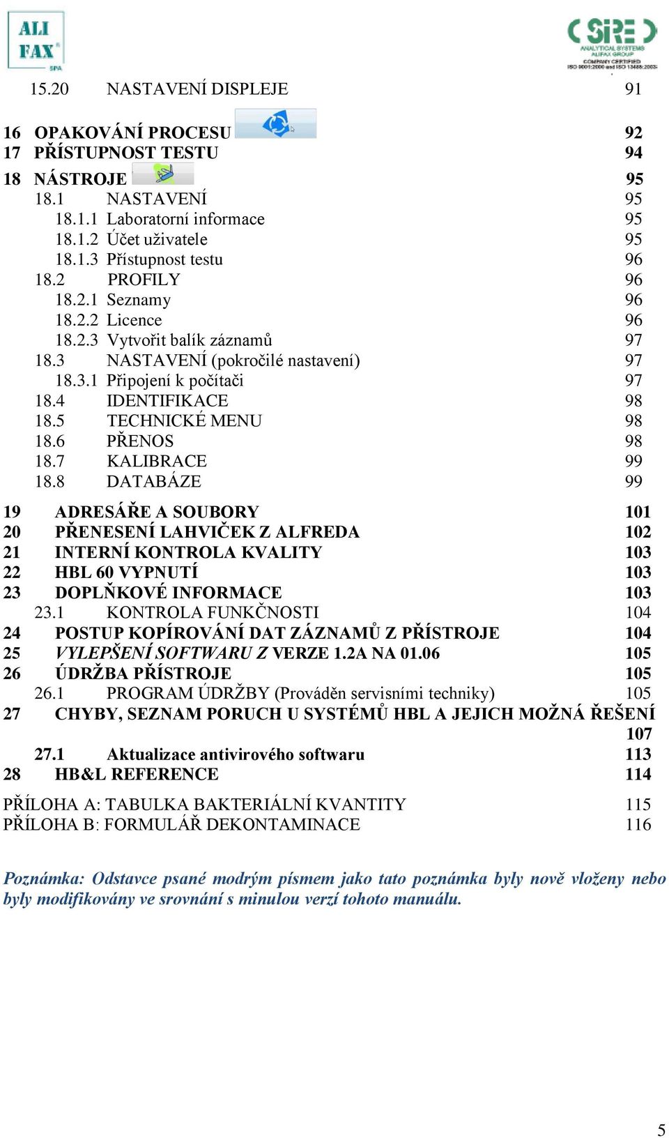 6 PŘENOS 98 18.7 KALIBRACE 99 18.8 DATABÁZE 99 19 ADRESÁŘE A SOUBORY 101 20 PŘENESENÍ LAHVIČEK Z ALFREDA 102 21 INTERNÍ KONTROLA KVALITY 103 22 HBL 60 VYPNUTÍ 103 23 DOPLŇKOVÉ INFORMACE 103 23.