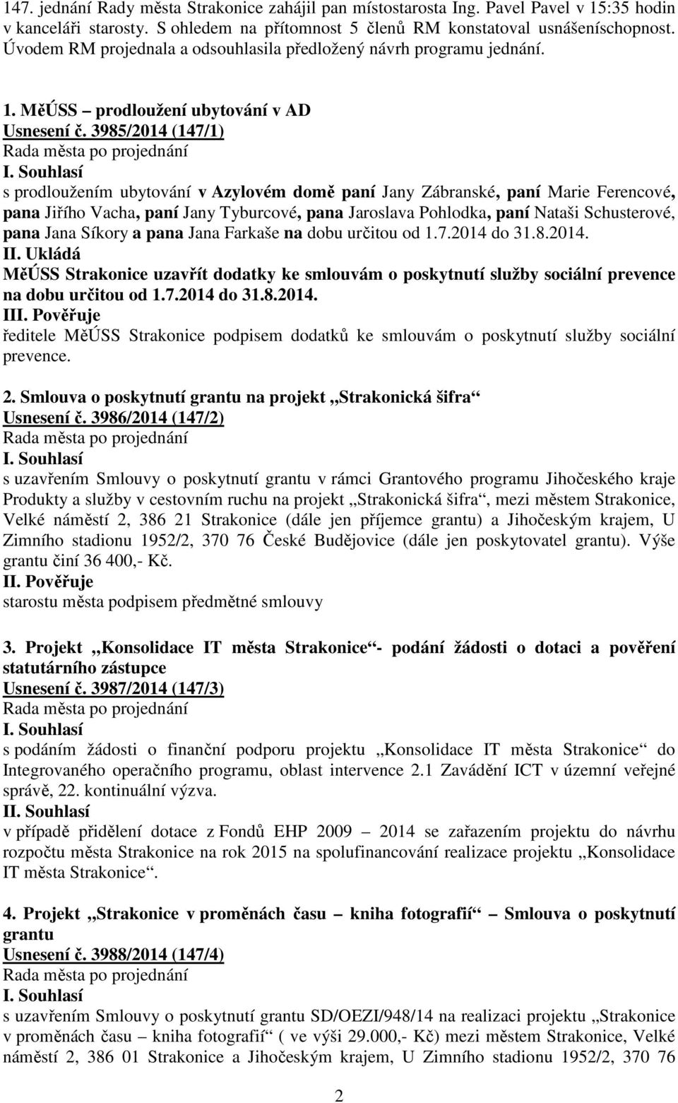 3985/2014 (147/1) s prodloužením ubytování v Azylovém domě paní Jany Zábranské, paní Marie Ferencové, pana Jiřího Vacha, paní Jany Tyburcové, pana Jaroslava Pohlodka, paní Nataši Schusterové, pana