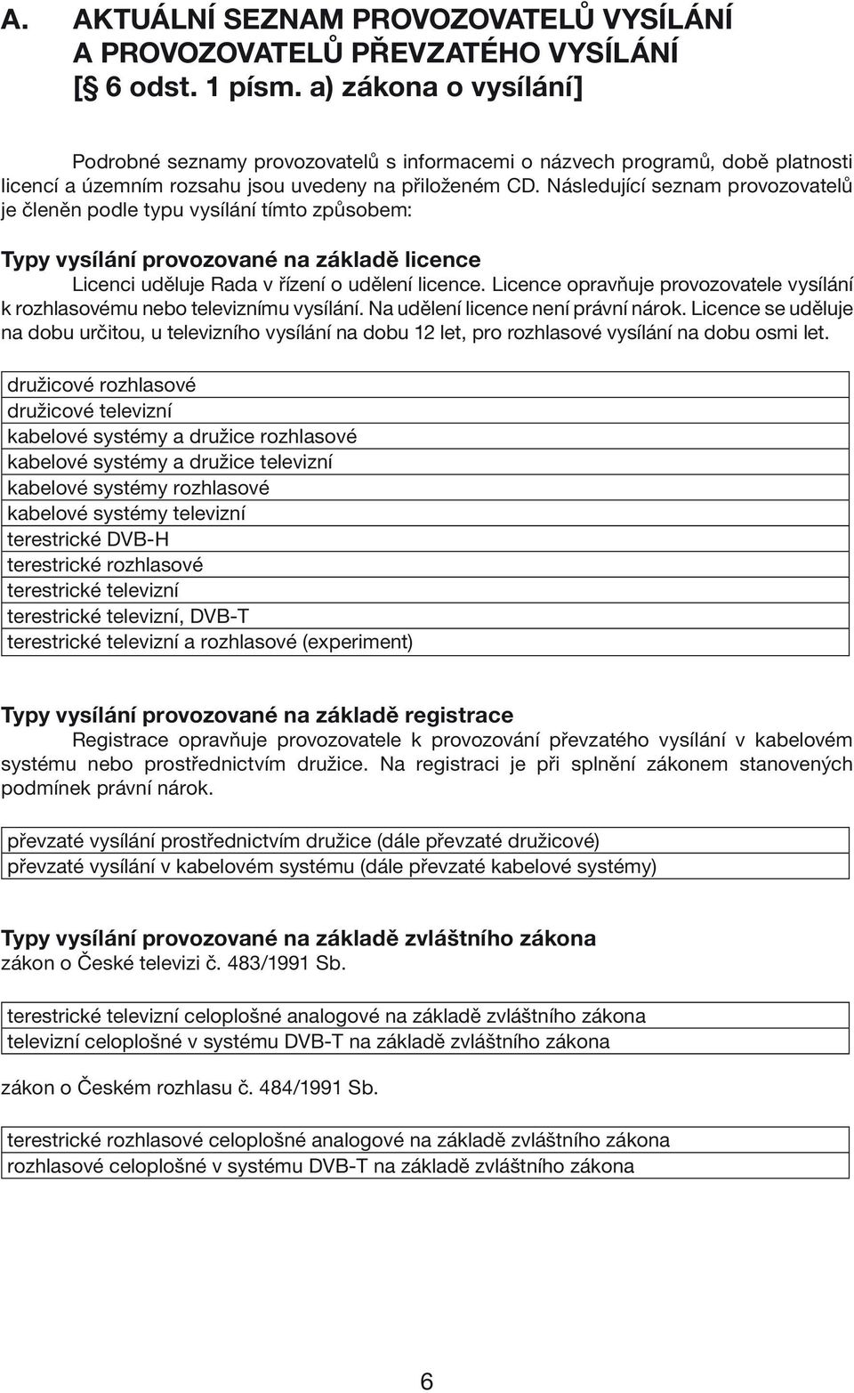 Následující seznam provozovatelů je členěn podle typu vysílání tímto způsobem: Typy vysílání provozované na základě licence Licenci uděluje Rada v řízení o udělení licence.