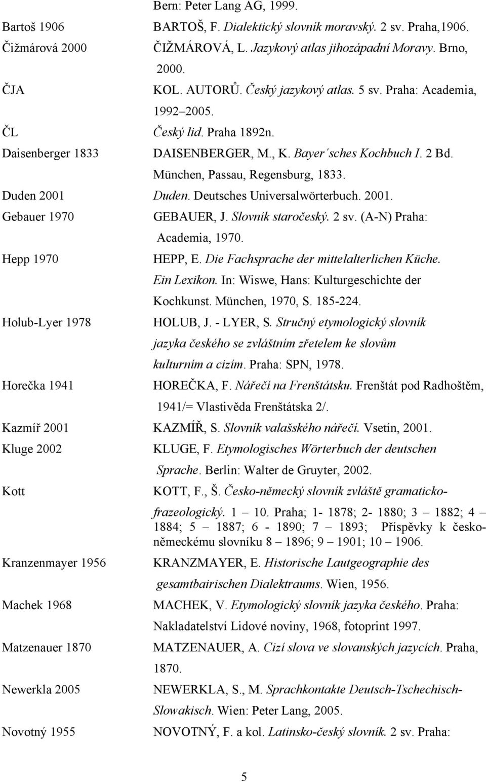 Duden 2001 Duden. Deutsches Universalwörterbuch. 2001. Gebauer 1970 Hepp 1970 Holub-Lyer 1978 Horečka 1941 GEBAUER, J. Slovník staročeský. 2 sv. (A-N) Praha: Academia, 1970. HEPP, E.