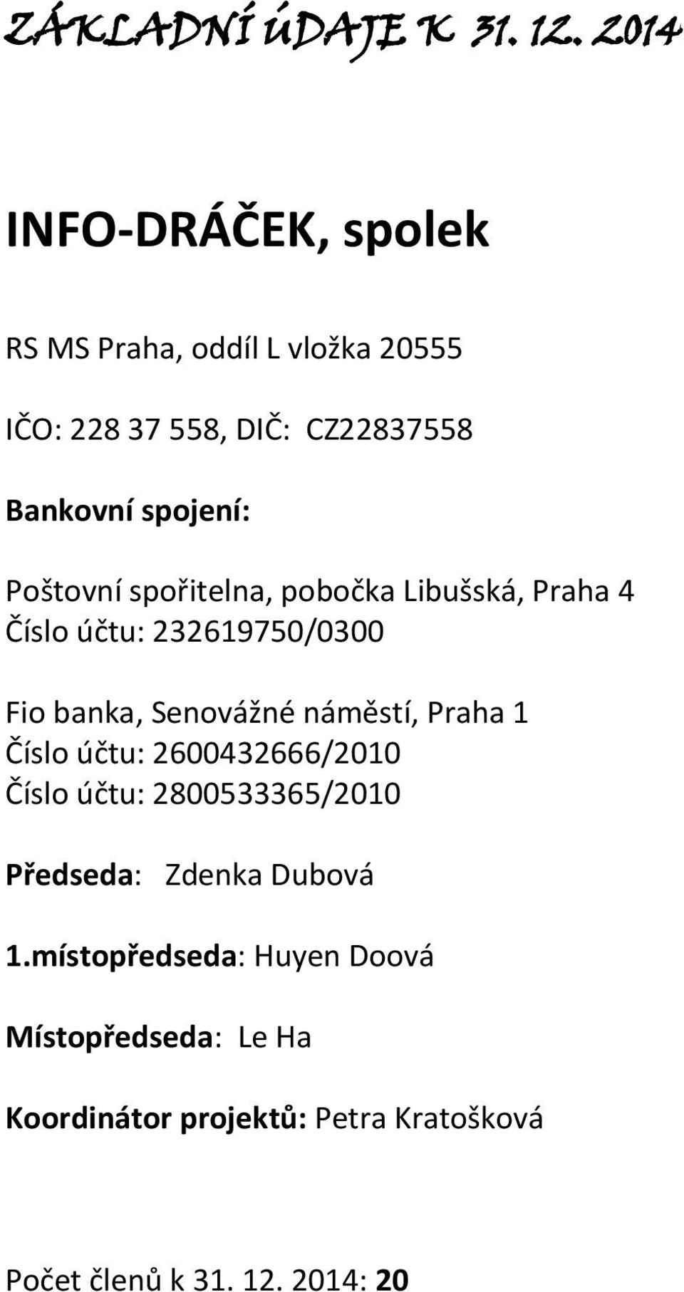 Poštovní spořitelna, pobočka Libušská, Praha 4 Číslo účtu: 232619750/0300 Fio banka, Senovážné náměstí, Praha 1