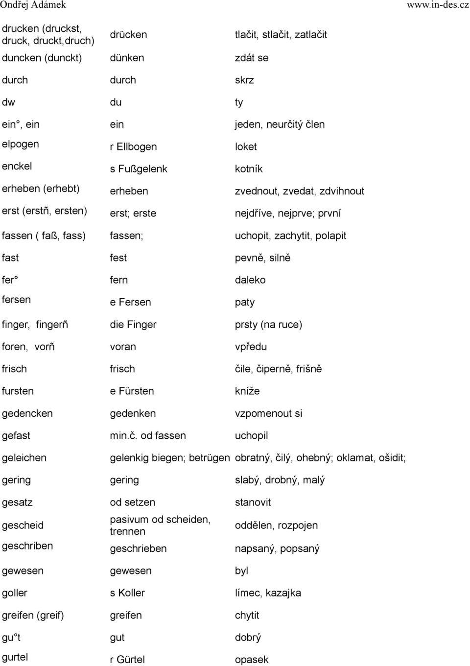 fer fern daleko fersen e Fersen paty finger, fingerñ die Finger prsty (na ruce) foren, orñ oran předu frisch frisch čile, čiperně, frišně fursten e Fürsten kníže gedencken gedenken zpomenout si