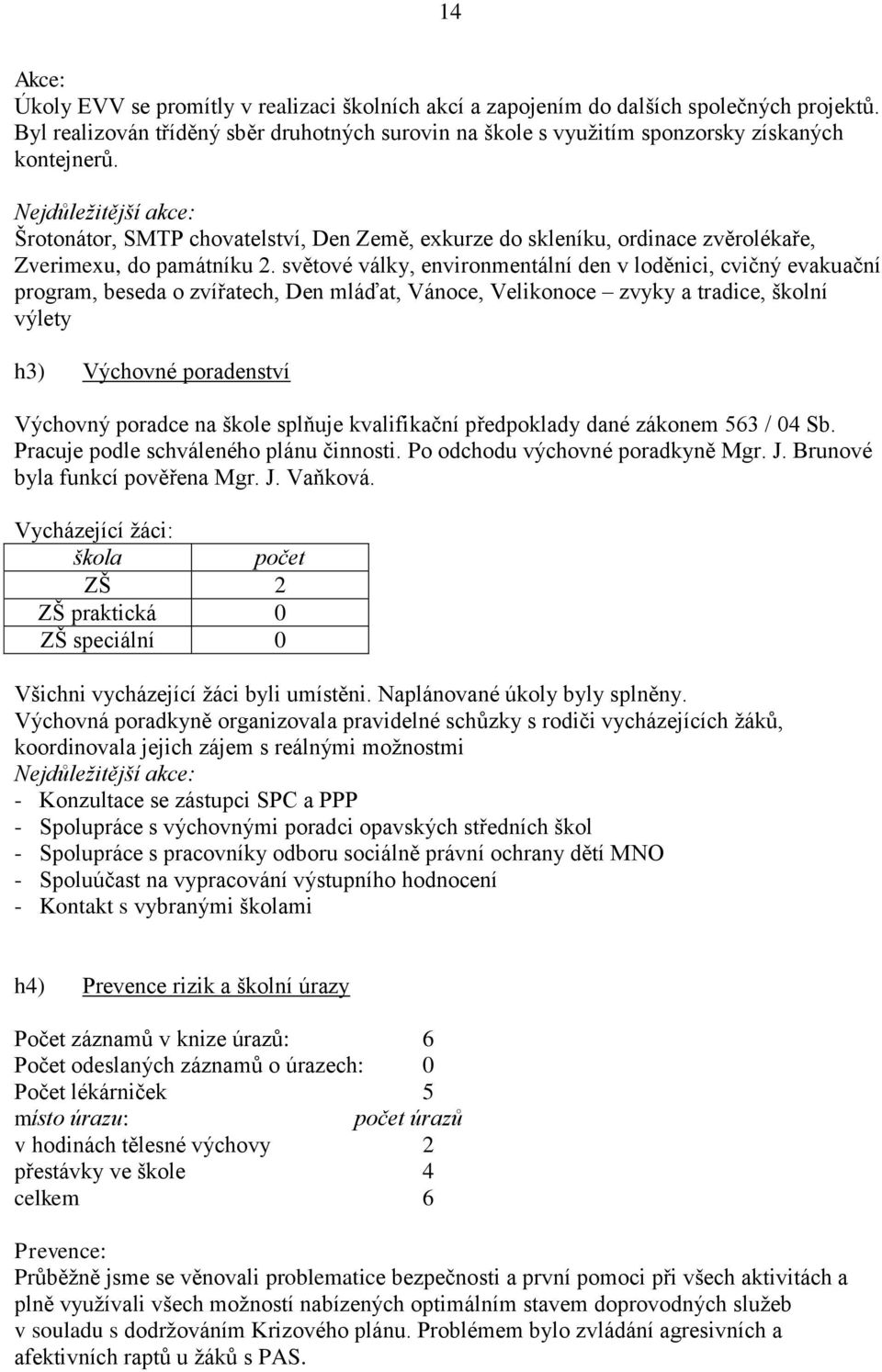 světové války, environmentální den v loděnici, cvičný evakuační program, beseda o zvířatech, Den mláďat, Vánoce, Velikonoce zvyky a tradice, školní výlety h) Výchovné poradenství Výchovný poradce na