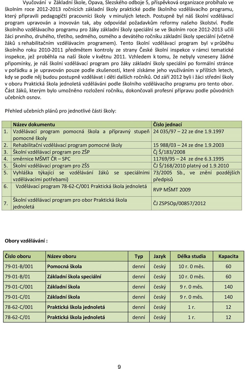 Podle školního vzdělávacího programu pro žáky základní školy speciální se ve školním roce 2012-2013 učili žáci prvního, druhého, třetího, sedmého, osmého a devátého ročníku základní školy speciální