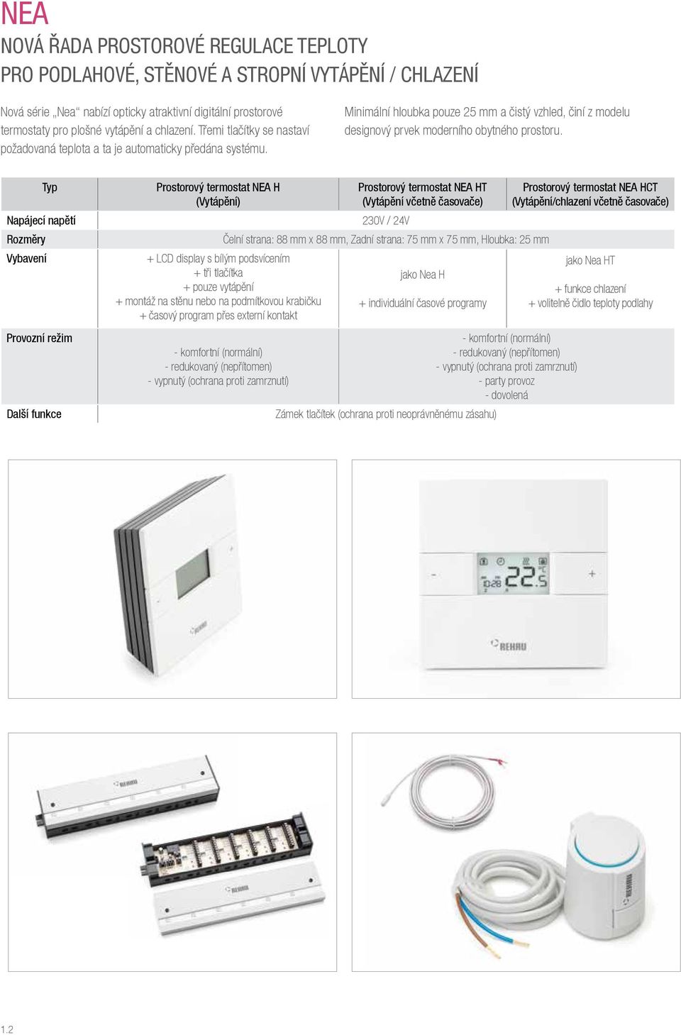 Typ Npájecí npětí Rozměry Vyvení Provozní režim Dlší funkce Prostorový termostt NEA H (Vytápění) + LCD disply s ílým podsvícením + tři tlčítk + pouze vytápění + montáž n stěnu neo n podmítkovou