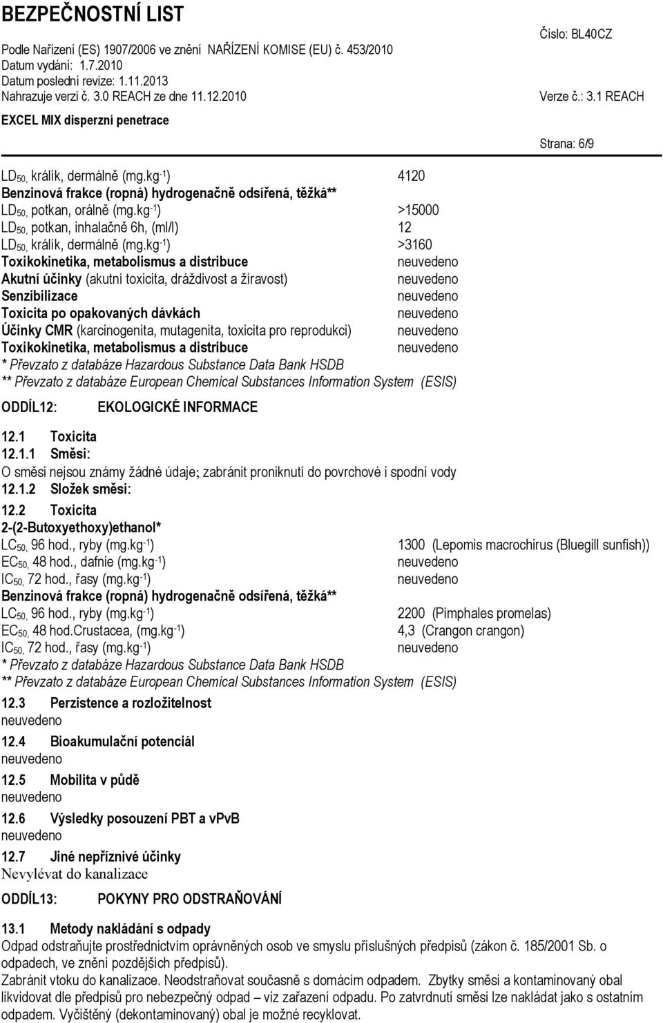 kg -1 ) >3160 Toxikokinetika, metabolismus a distribuce Akutní účinky (akutní toxicita, dráždivost a žíravost) Senzibilizace Toxicita po opakovaných dávkách Účinky CMR (karcinogenita, mutagenita,