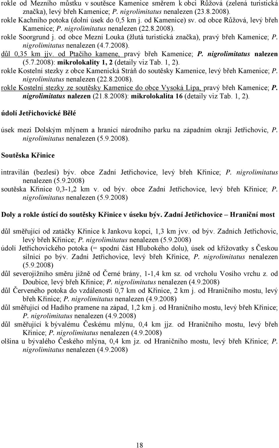 nigrolimitatus nenalezen (4.7.2008). důl 0,35 km jjv. od Ptačího kamene, pravý břeh Kamenice; P. nigrolimitatus nalezen (5.7.2008): mikrolokality 1, 2 (detaily viz Tab. 1, 2).