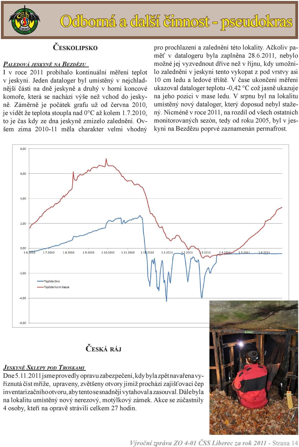 Záměrně je počátek grafu už od června 2010, je vidět že teplota stoupla nad 0 C až kolem 1.7.2010, to je čas kdy ze dna jeskyně zmizelo zalednění.