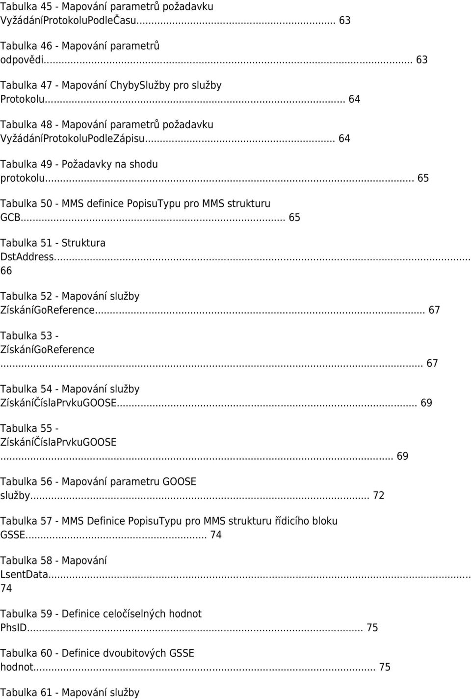 .. 65 Tabulka 51 - Struktura DstAddress... 66 Tabulka 52 - Mapování služby ZískáníGoReference... 67 Tabulka 53 - ZískáníGoReference... 67 Tabulka 54 - Mapování služby ZískáníČíslaPrvkuGOOSE.