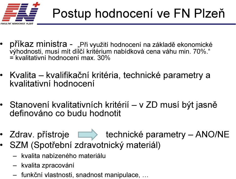 30% Kvalita kvalifikační kritéria, technické parametry a kvalitativní hodnocení Stanovení kvalitativních kritérií v ZD musí být