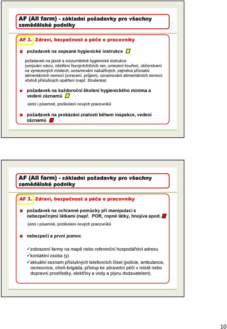 občerstvení na vymezených místech, oznamování nakažlivých, zejména příznaků alimentárních nemocí (zvracení, průjem), oznamování alimentárních nemocí včetně příslušných opatření (např.