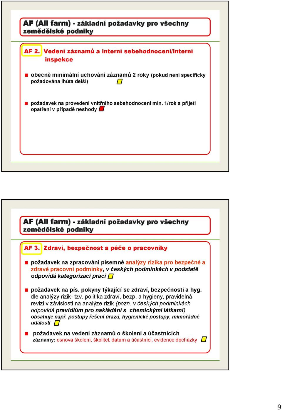 1/rok a přijetí opatření v případě neshody AF (All farm) - základní poţadavky pro všechny AF 3.
